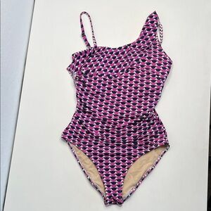 Garnet Hill Signature Asymmetrical One-Piece Swimsuit purple navy white size 4